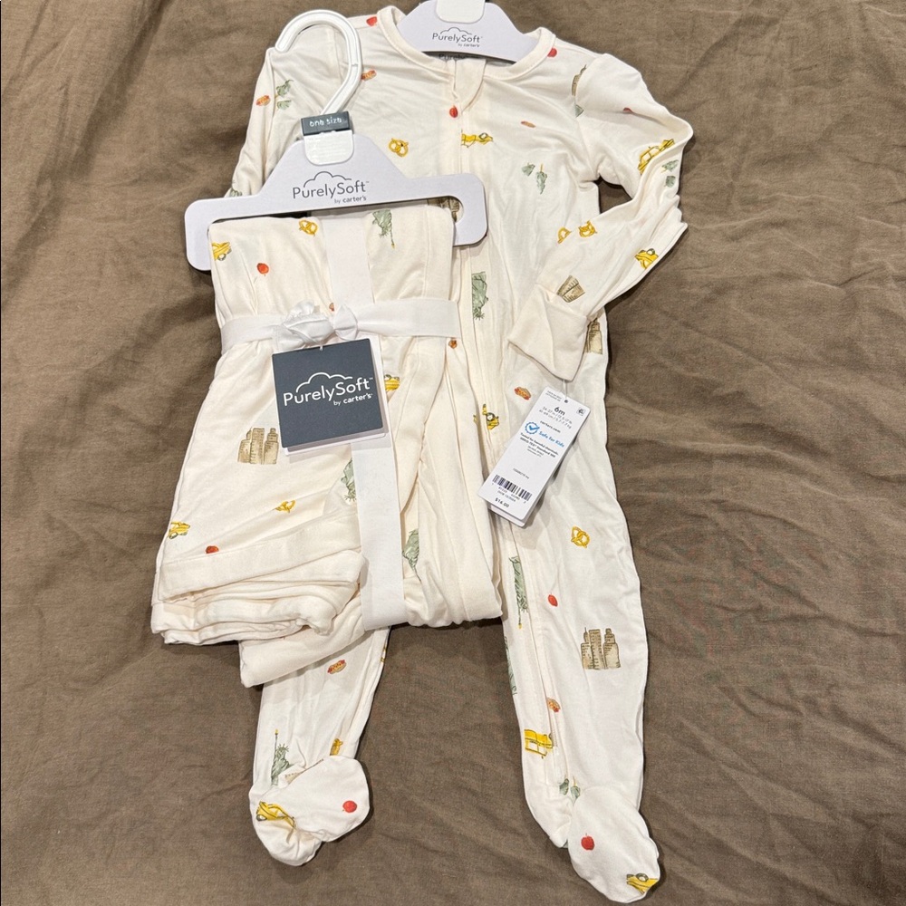 Carter's Purely Soft Cream Baby Blanket and onesie with Playful Prints